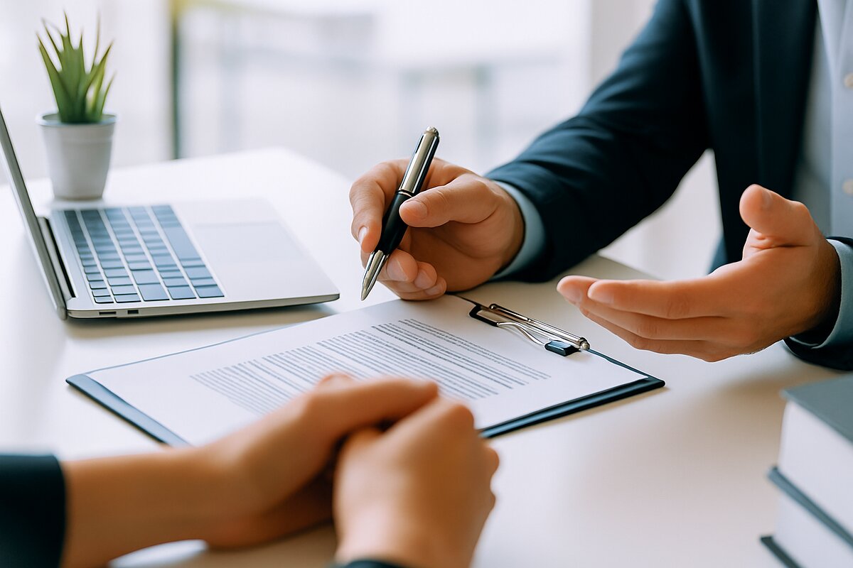 Deux personnes assises à un bureau lors d’une séance de conseil et d’accompagnement, l’une présentant un document à l’autre devant un ordinateur portable