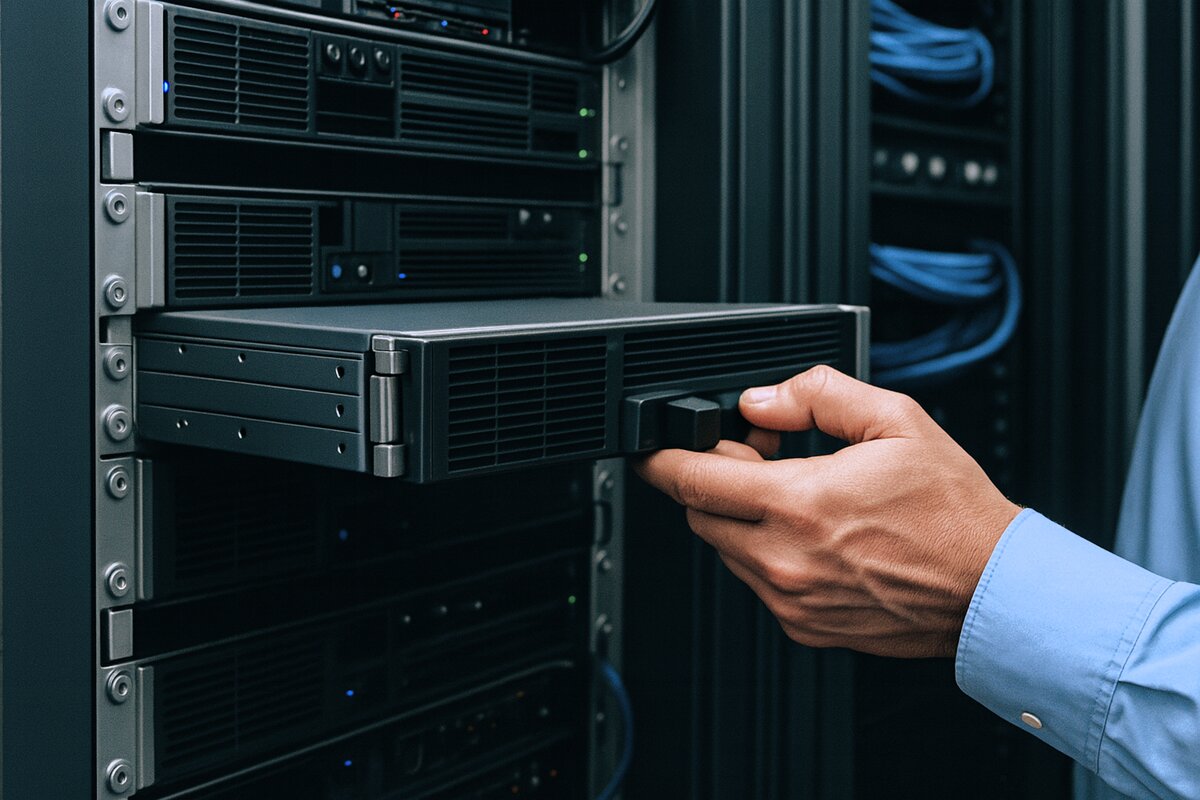 Main d’un technicien retirant un serveur lame d’une baie informatique — infrastructure et équipement