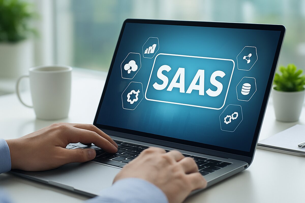 Mains tapant sur le clavier d’un ordinateur portable affichant une illustration abstraite avec le texte SaaS — solutions logicielles en ligne