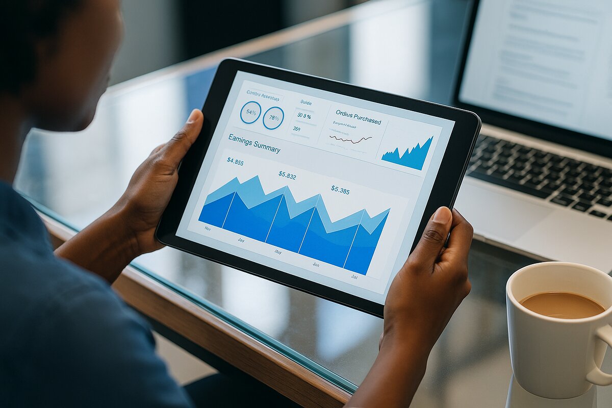 Femme utilisant une tablette affichant un tableau de bord, assise à un bureau avec un ordinateur portable — développement sur mesure